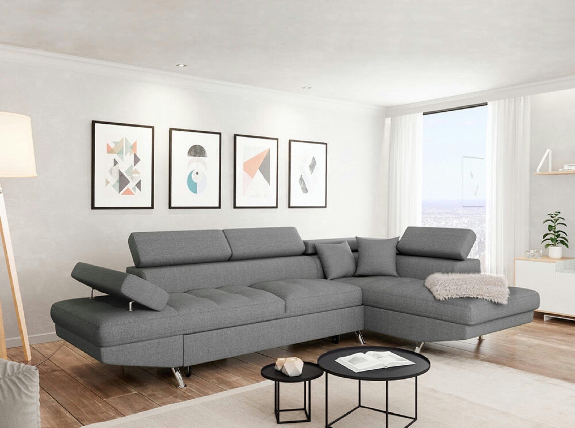 RIO - Canapé angle droit convertible avec coffre en tissu - Gris clair