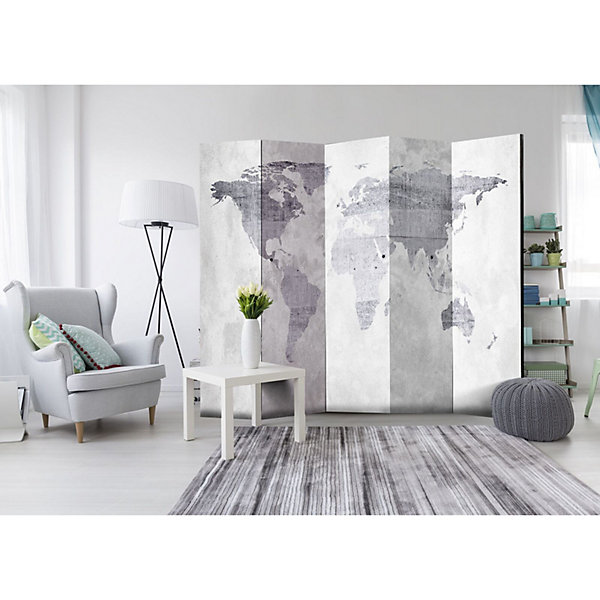 Paravent Design Carte du Monde en Béton 5 Panneaux 225 x 172 cm Gris