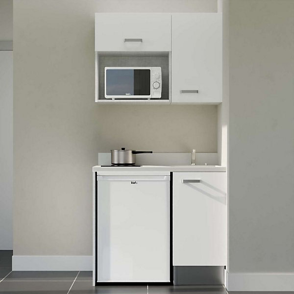 Kitchenette K00 - 100 cm - façades Blanc - Plan monobloc en quartz coloris Snova évier à droite - Electroménager Blanc