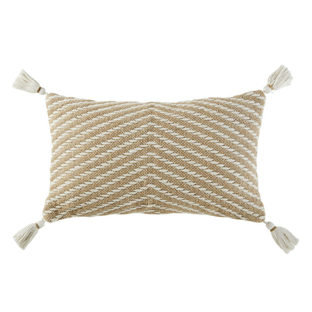 CALAND - Coussin en coton recyclé et coton beiges avec pompons 30x50