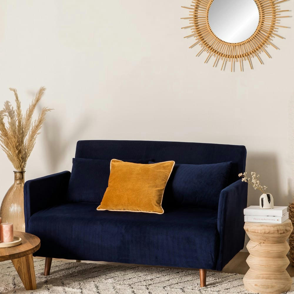 BELUSHI - Canapé convertible 2 places en velours côtelé (L120cm) bleu marine