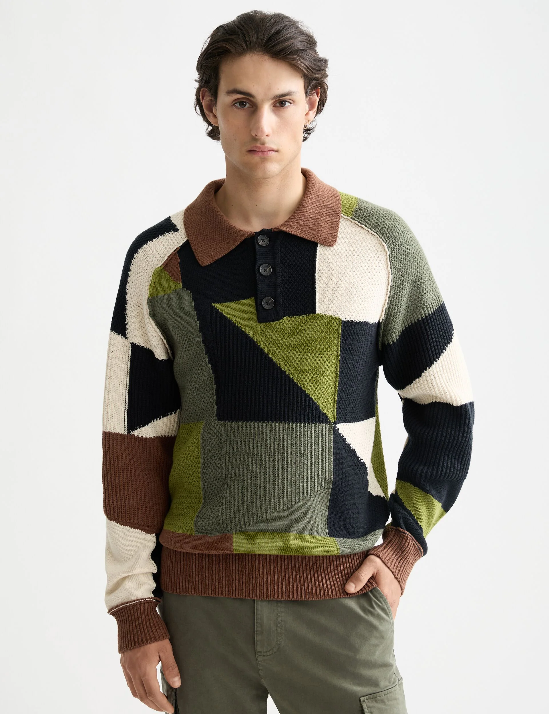 Patch work long sleeve polo