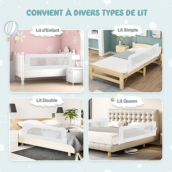 Barriere de Lit Pliable et Portable avec Cadre en Metal , en Forme de T, avec Mecanisme a Double Bouton (Blanc, 150 x 40 x 42 CM)