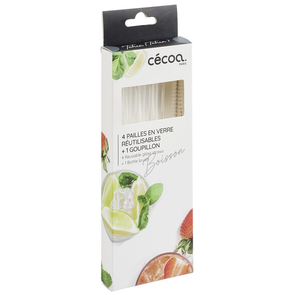 Paille en verre x4 et goupillon inox