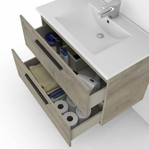 Meuble sous vasque de salle de bain Suspendu 60 cm avec 2 tiroirs   Miroir - Hauteur 57 x Longueur 60 x Profondeur 45 cm