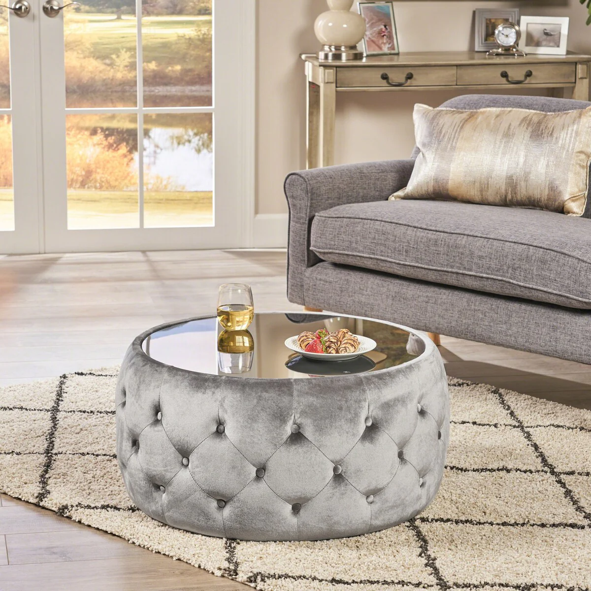 Modern Round Smoke Velvet OTTOMAN