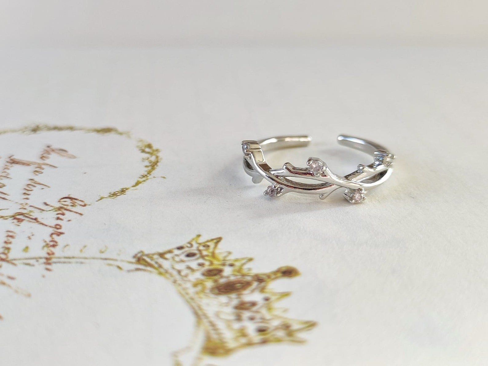 The Colourful Aura Silver Adjustable Delicate Dainty Zircon Leaf Ring
