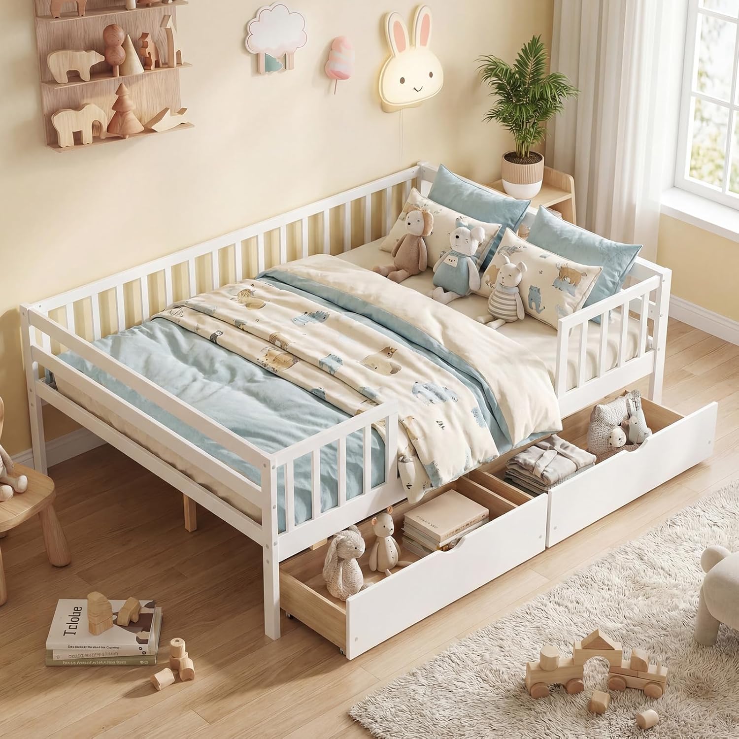 Giantex Full Kids Bed with Storage Drawers, Wood Montessori Bed with Rails & Side Shelf, Low Daybed Bed Frame for Boys Girls, No Box Spring Needed (White)