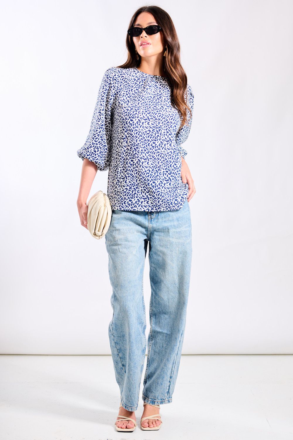 Needs No Label Blue Animal Puff Sleeve Blouse