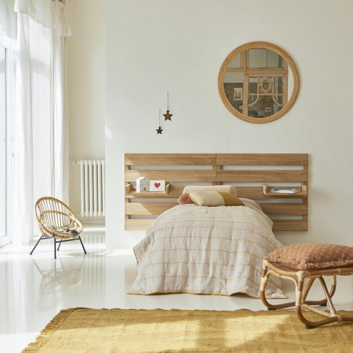 URBAIN - Tête de lit enfant en teck massif 2 étagères 180 cm