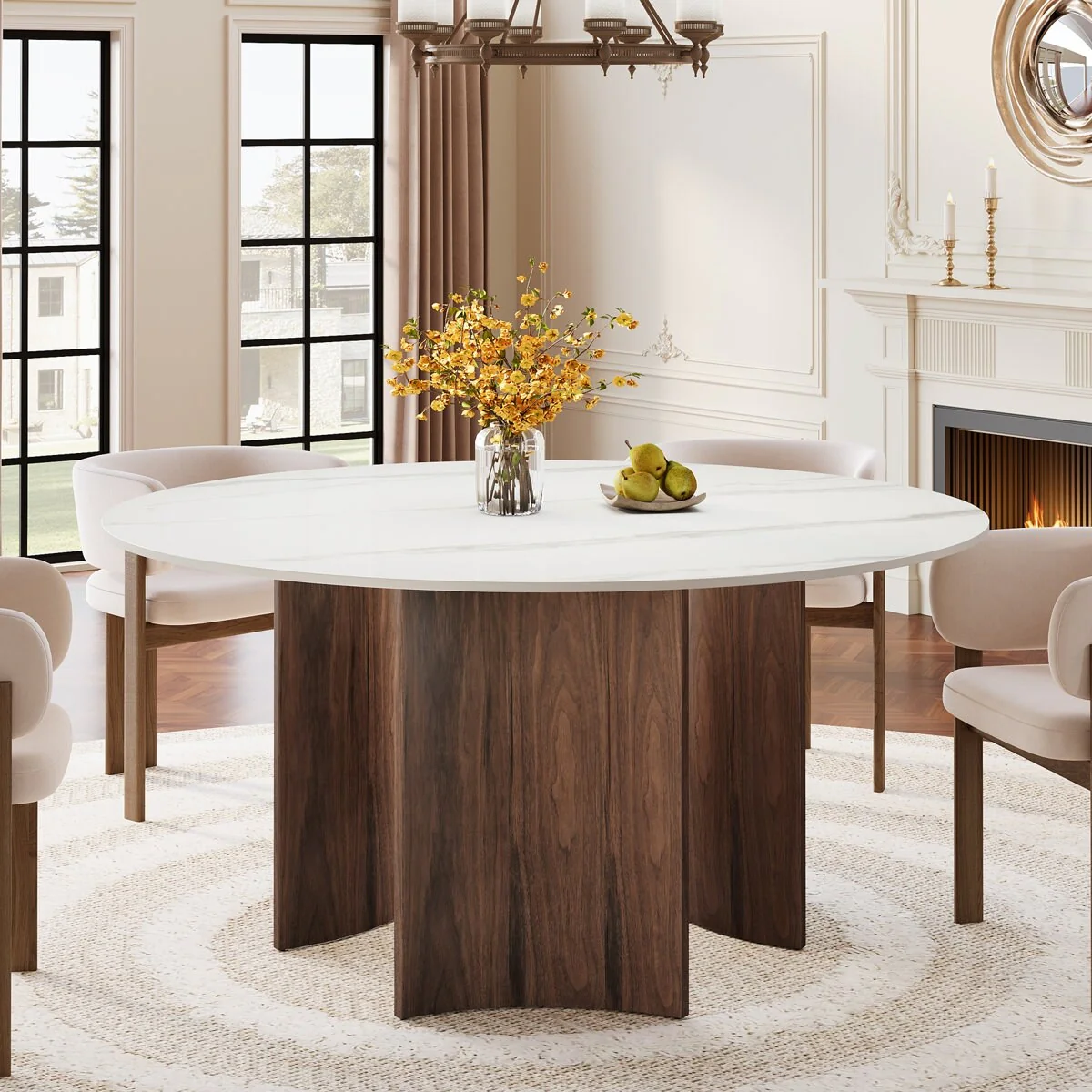 59-Inch Round Dining Table with Stone Top Solid Wood Base - White and Brown