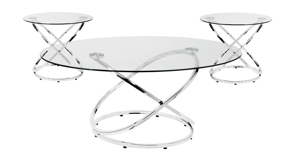Brassex Mia Contemporary Coffee Table Set with Tempered Glass Top, Silver, 3-pc