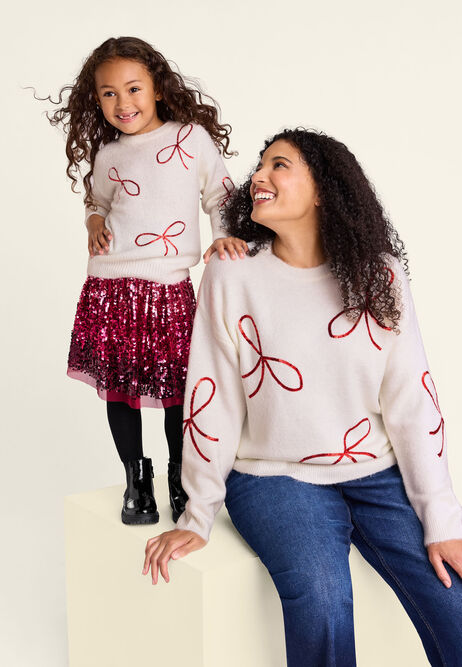 Womens Cream Sequin Bow Family Christmas Jumper
