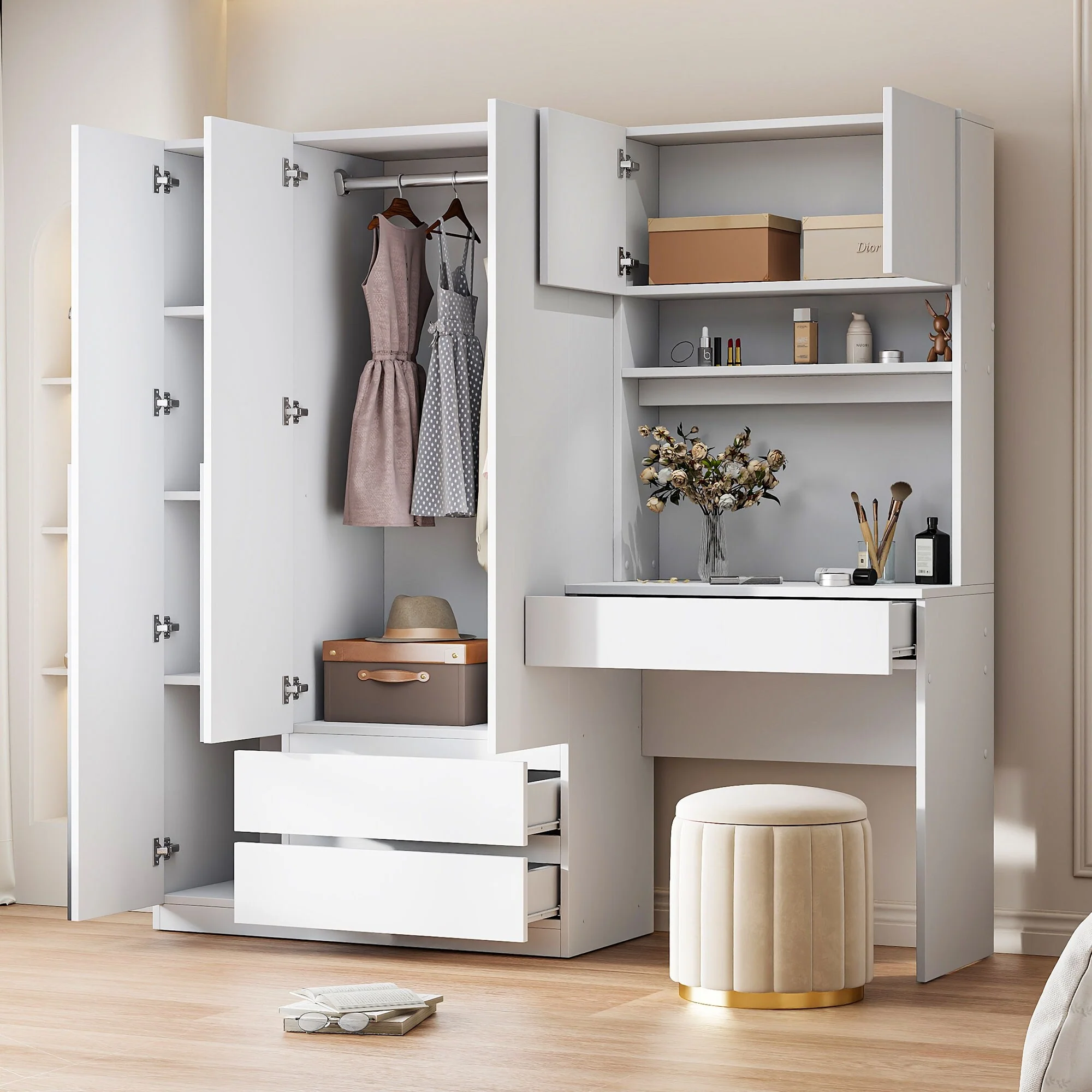 3-in-1 Wardrobe Closet with Vanity Desk, Desk Set, Bedroom Armoire with 2 Drawers 3-Door Storage Desk Wardrobe