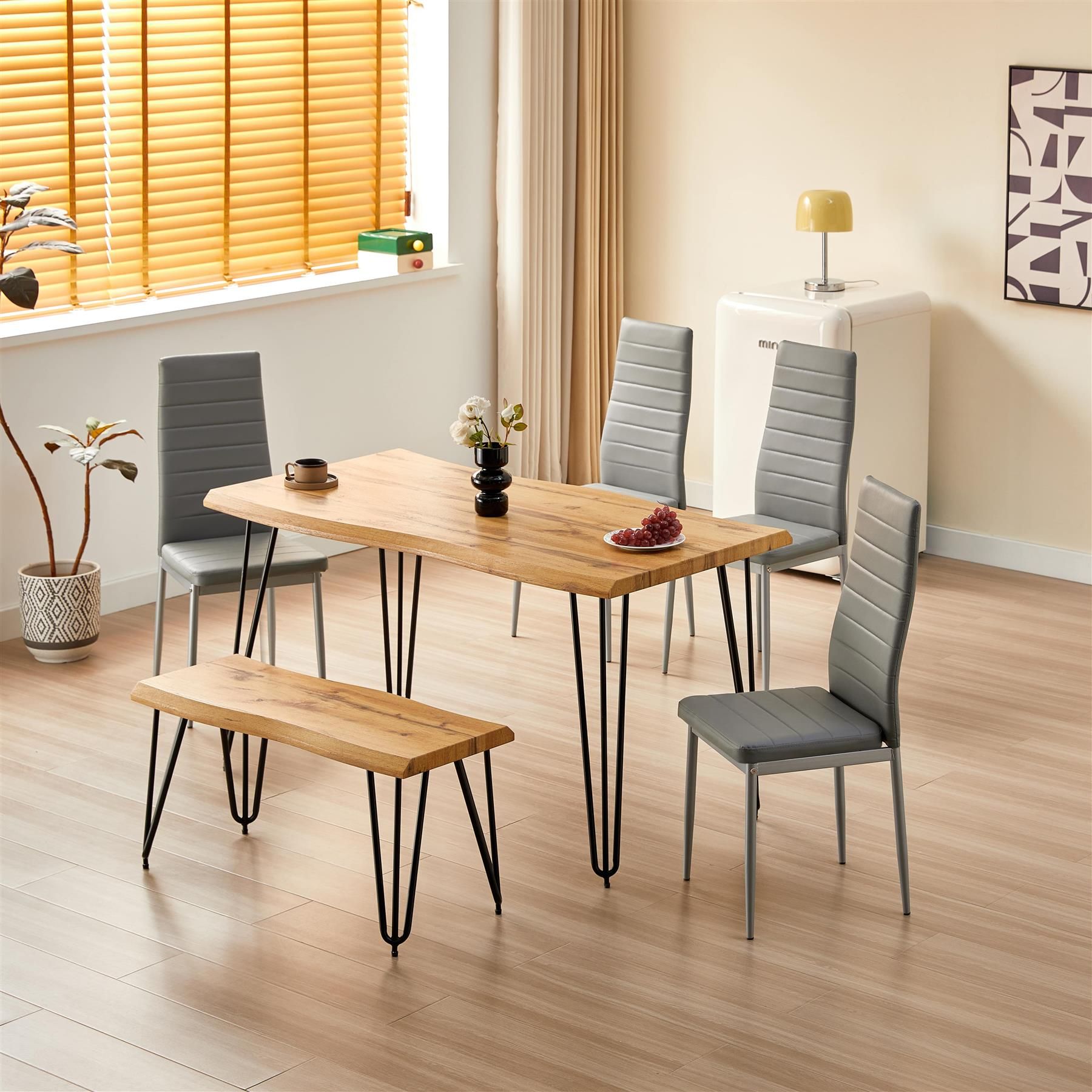 KOSY KOALA Modern Dining Table Set With Bench And 4 Grey Faux Leather Chairs Dining Room Furniture