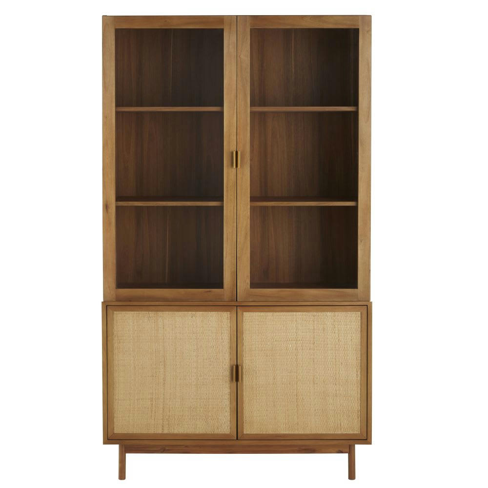 Tarifa - Vaisselier 4 portes en verre trempé et rotin tressé