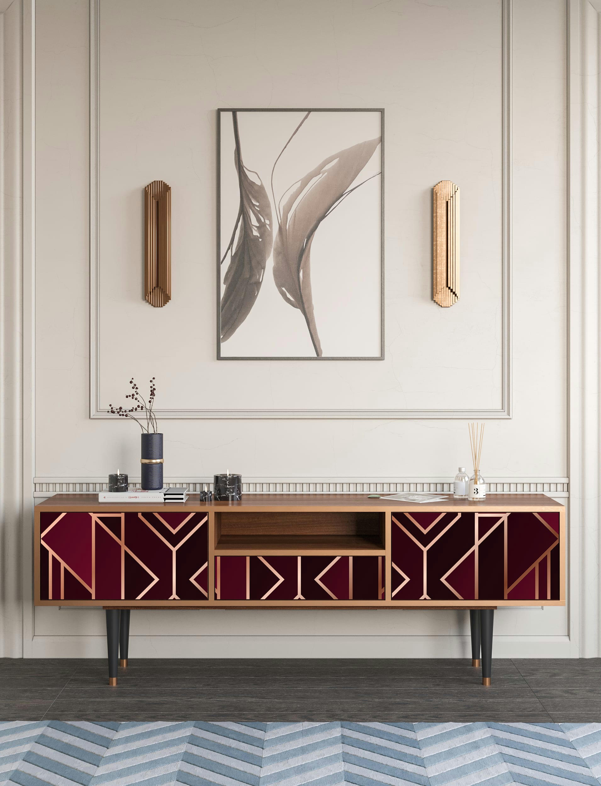 BURGUNDY JEWELERY - Meuble TV  bordeaux 1 tiroir et 2 portes L 170 cm