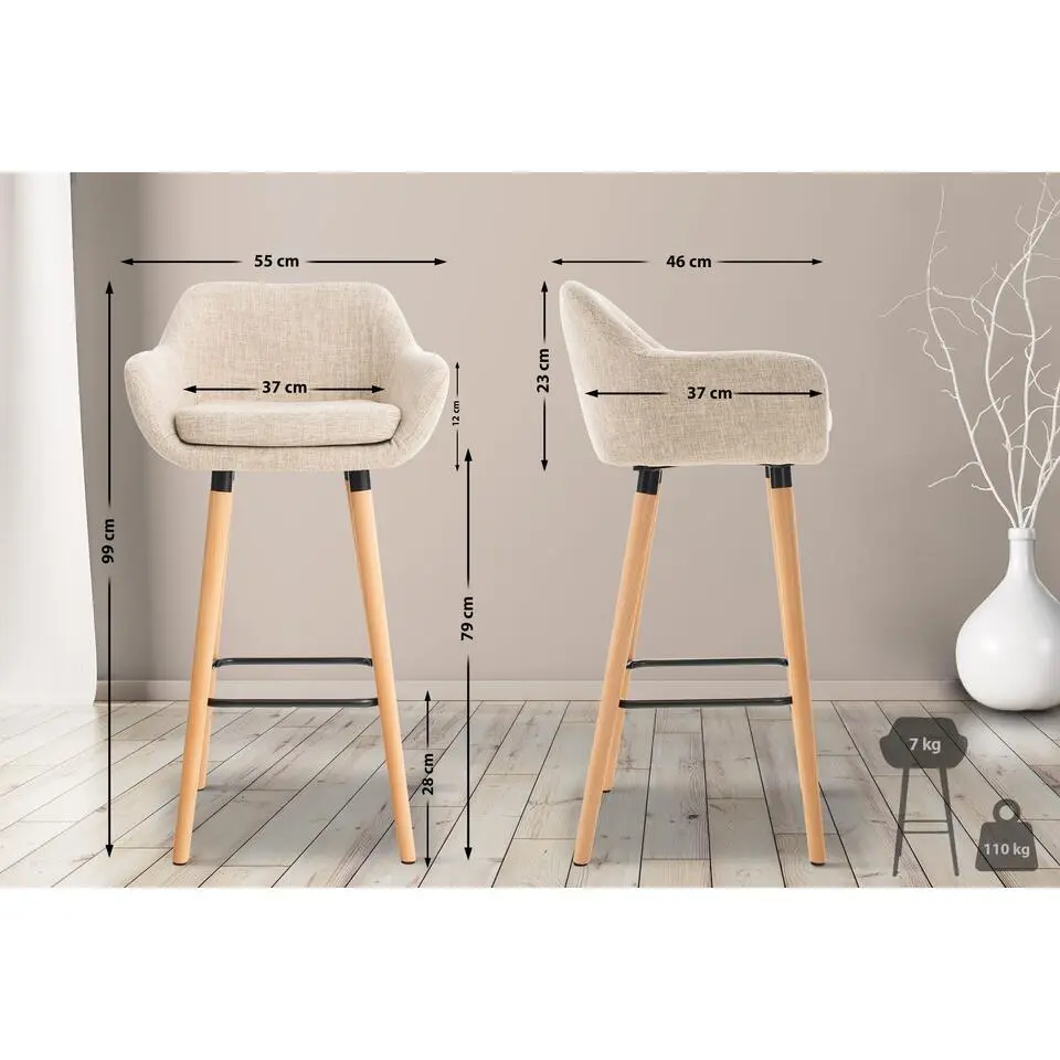 CLP Set van 2 Barkruk Grant natura Frame - Stof - creme