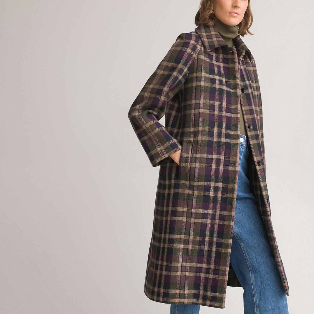 Manteau long à carreaux, laine recyclée mélangée