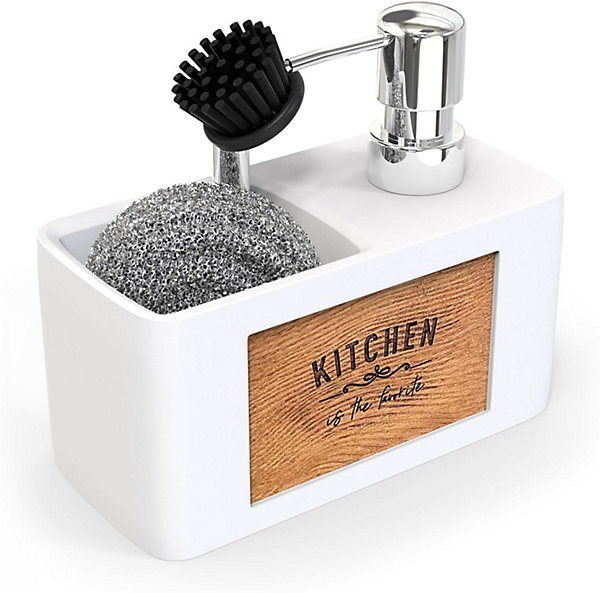 Distributeur de savon liquide pour cuisine avec porte-éponge blanc