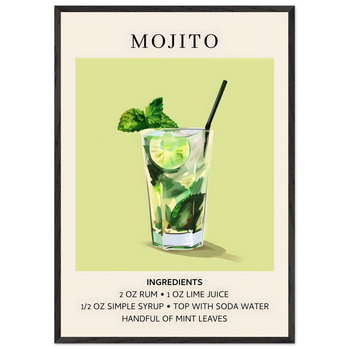 Artfulprints Poster met Lijst Mojito cocktail - Ingrediënten  - 70x100 cm - Groen
