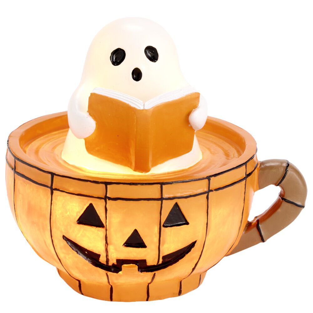 Décoration Halloween LED tasse fantôme citrouille résine orange