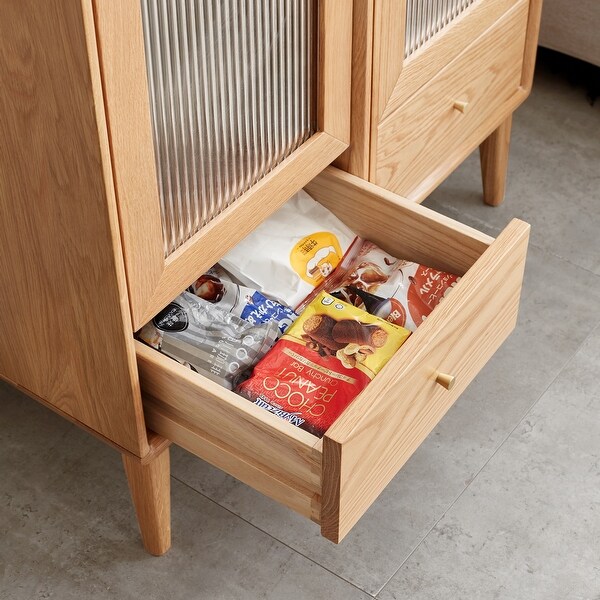 Solid Oak Storage Cabinet with Vintage Glass Door