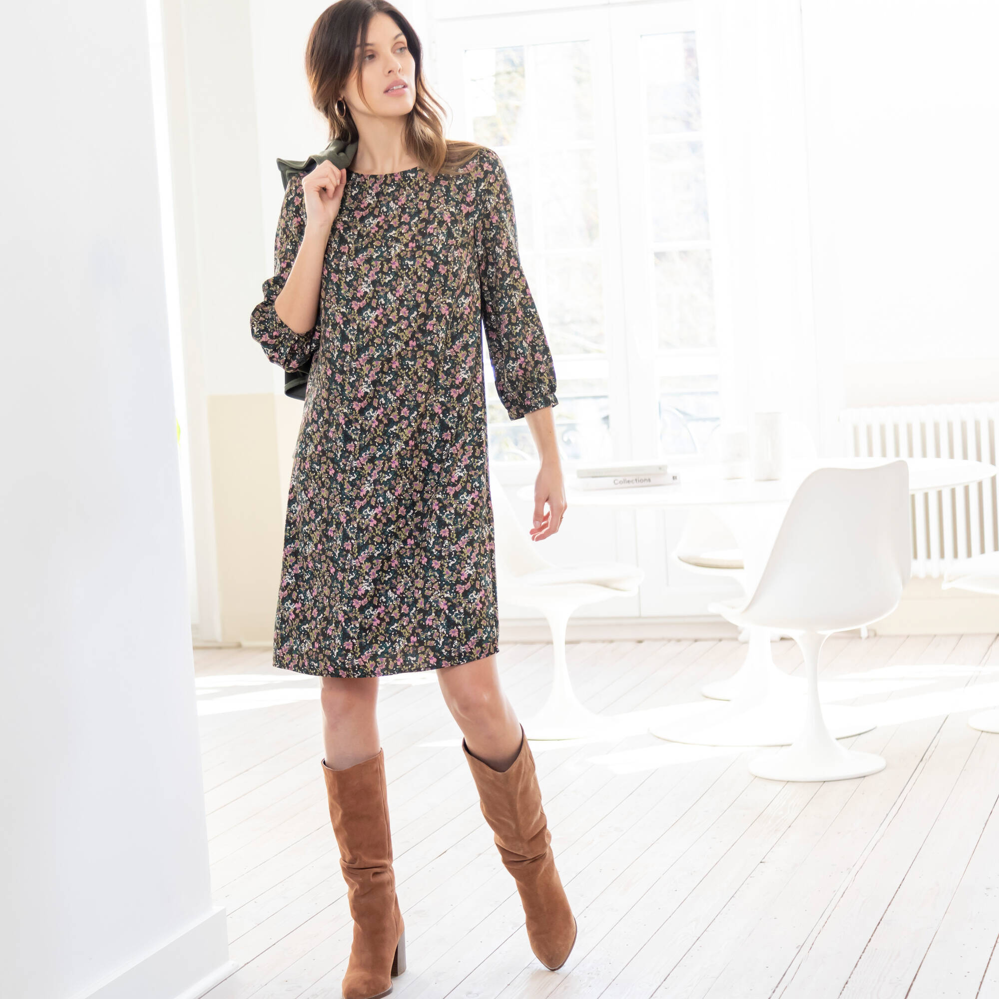 Robe droite manches 7/8ème imprimée