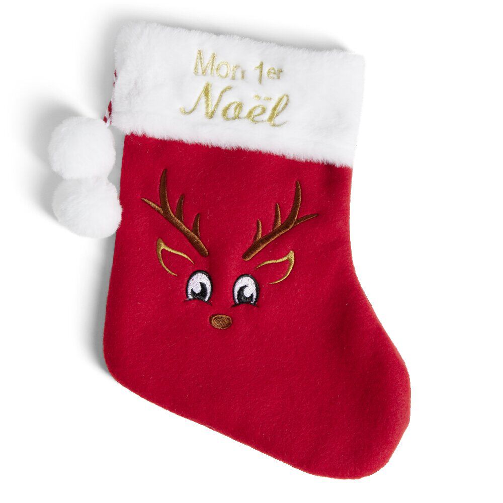 Chaussette de no&euml;l "Mon 1er No&euml;l" rouge et blanche 19x25cm