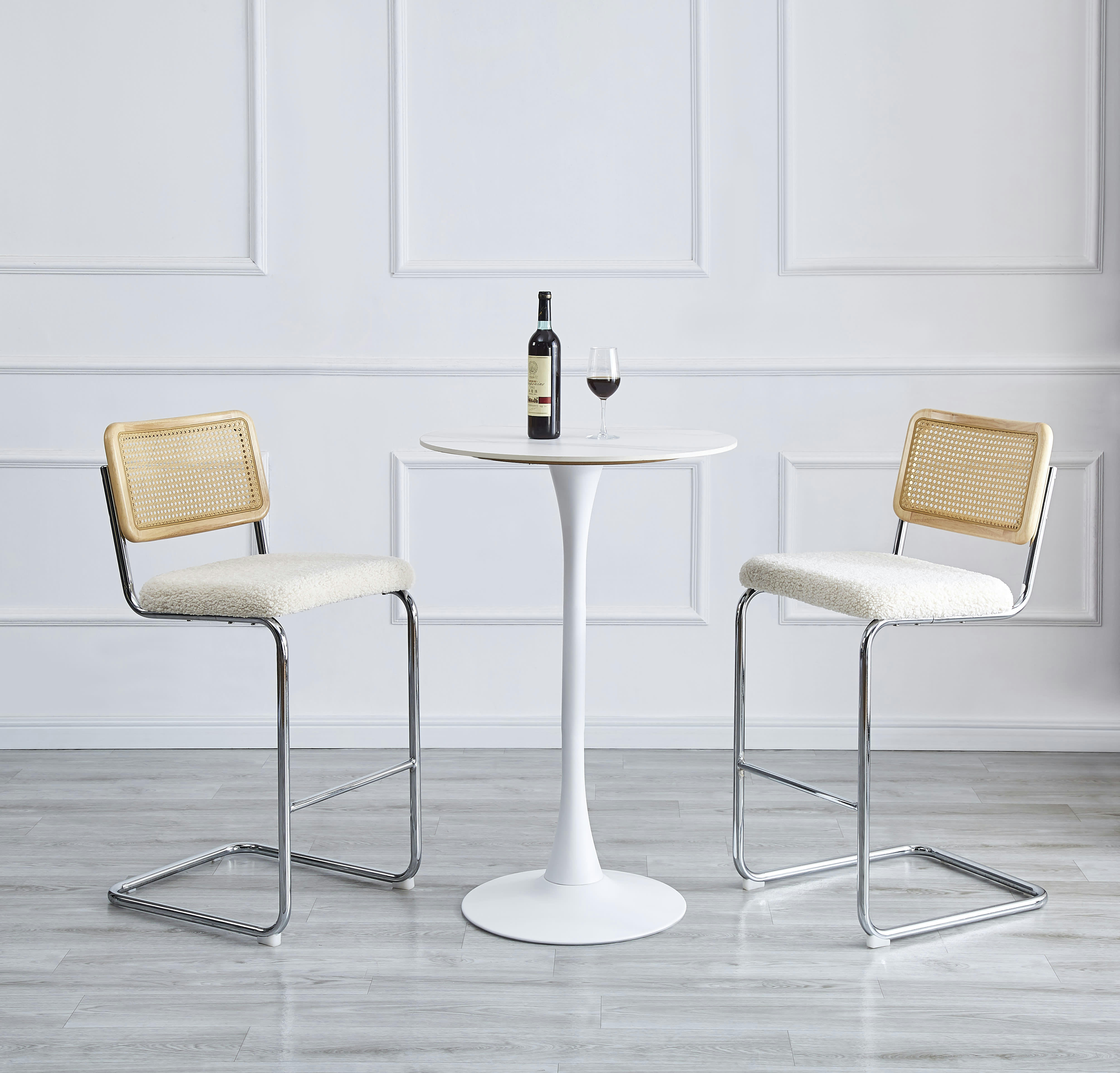 - Lot de 2 tabourets de bar en métal et cannage bouclettes blanches