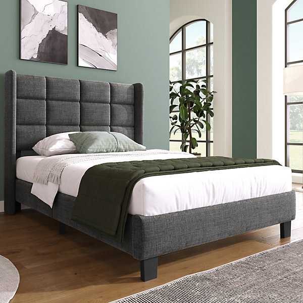 Lit simple 90x200 cm - Lit adulte capitonné avec sommier à lattes - Lin - Matelas Inclus - Gris