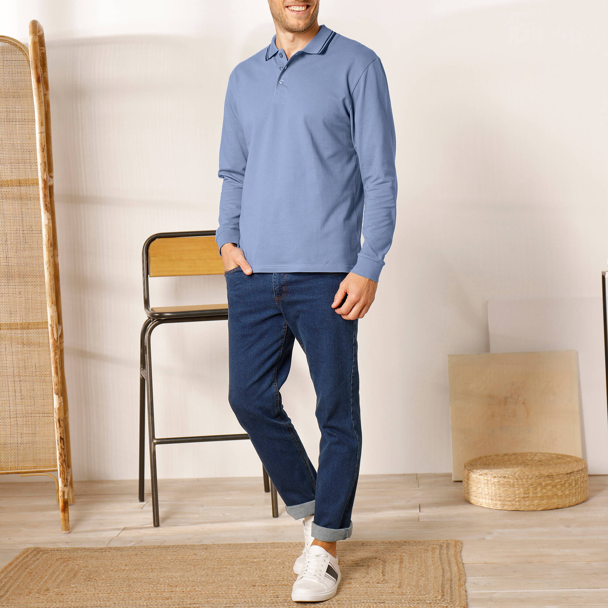 Polo uni maille piquée manches longues