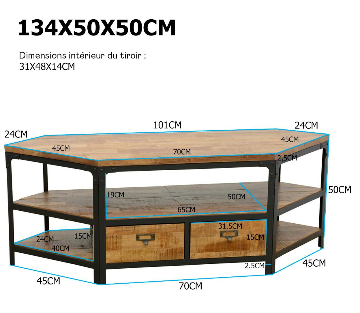 Meuble TV d'angle 2 tiroirs, 3 niches ouvertes dont une grande en Hévéa recyclé naturel et métal 134x50x50cm LOFT