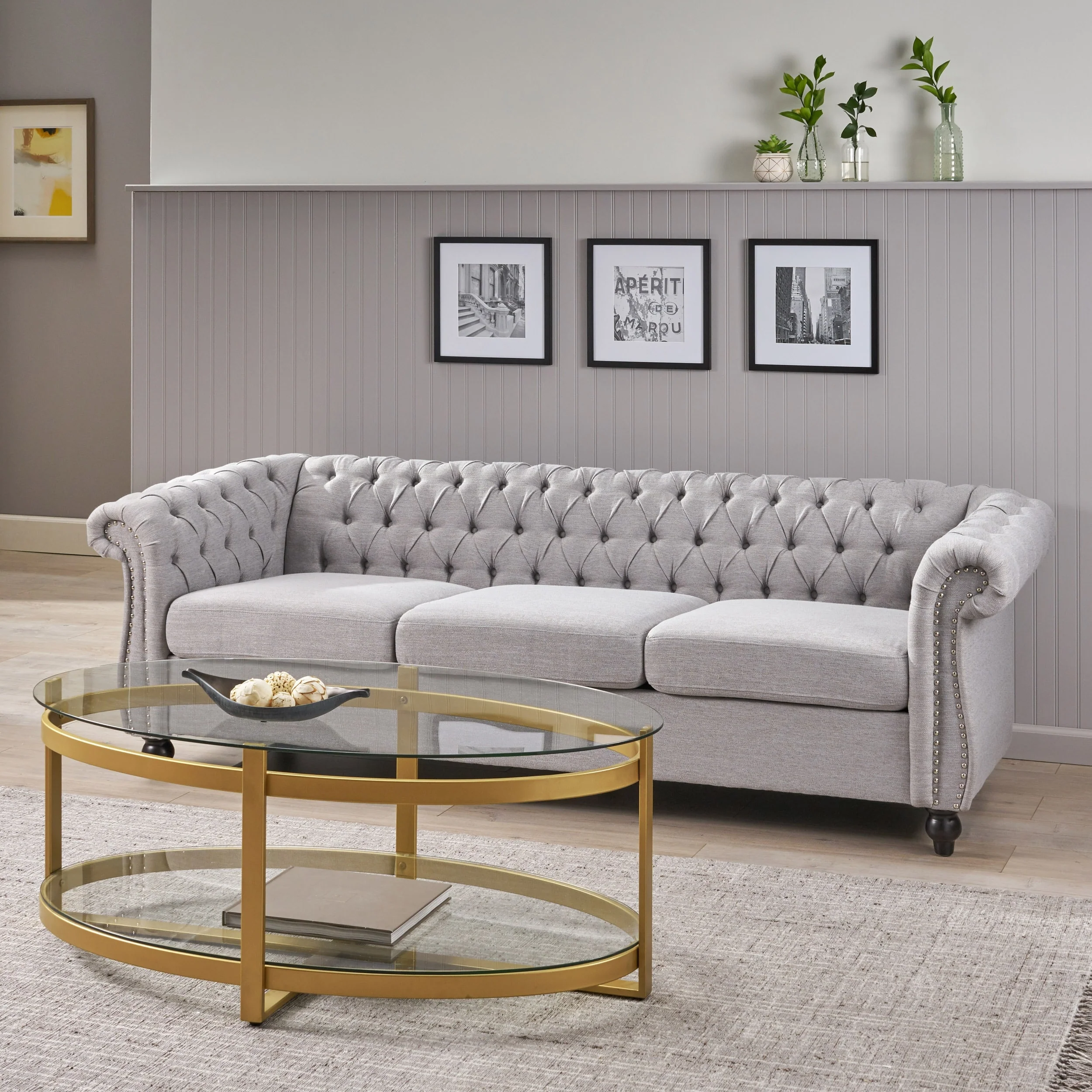 Grey Chesterfield 84.75 Button Tufted Upholstered 3-seater Sofa with Nailheads and Wood Legs