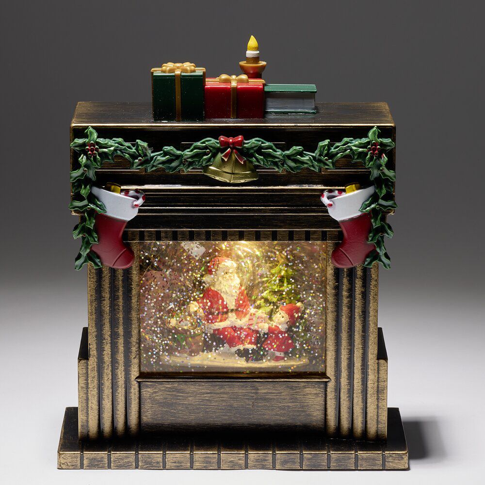 Boule à neige lumineuse scène Père No&euml;l dans sa cheminée 17x10xH26,5 cm