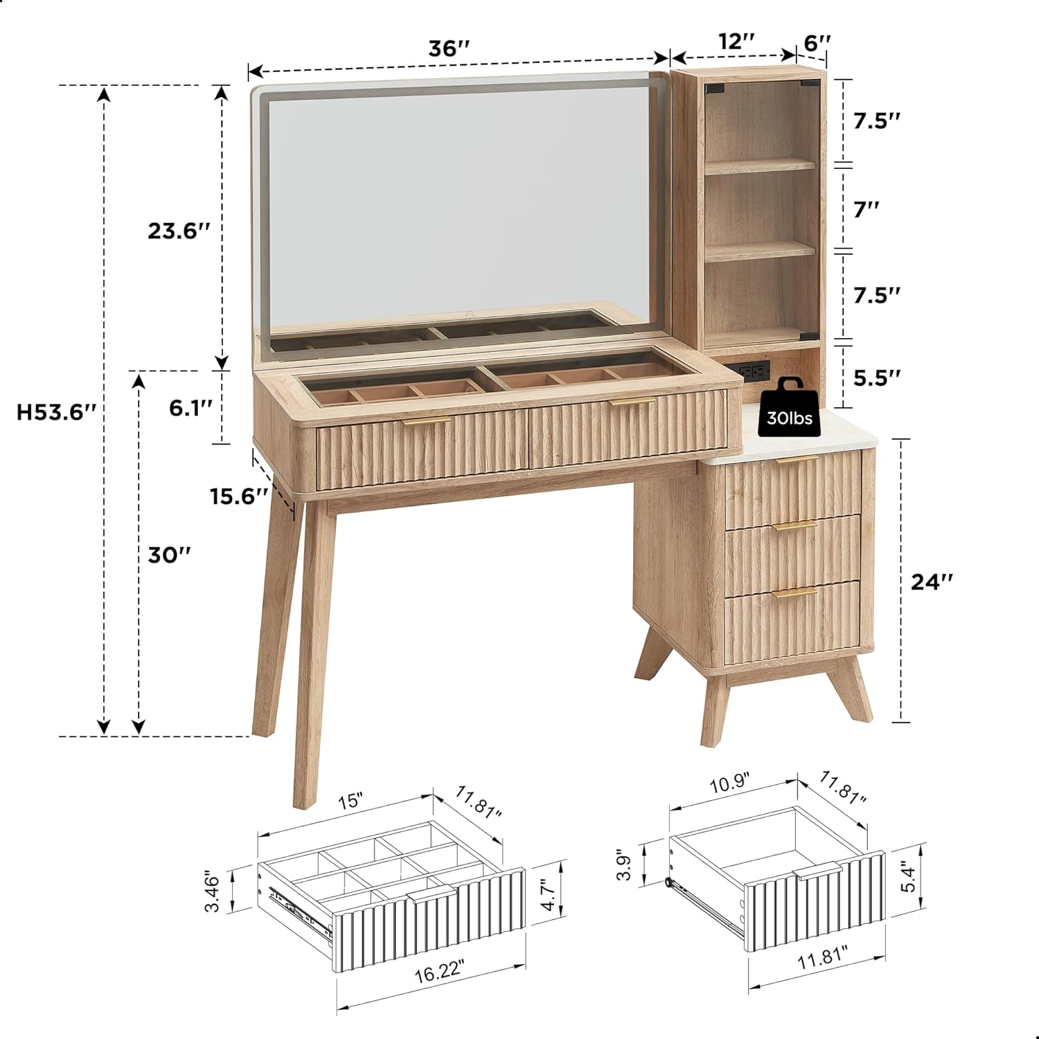 RedLemon 48 Fluted Vanity Desk with 36 Large HD Mirror and Lights, Modern Wood Glass Tabletop Makeup Table with Adjustable Storage Shelves, 5 Drawers, Charging Station for Bedroom, Natural Oak
