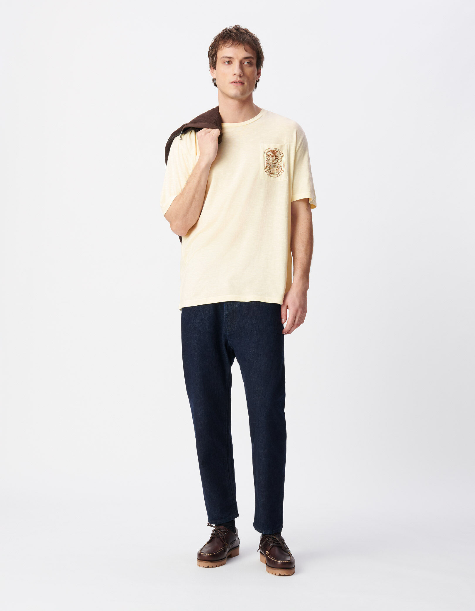 T-shirt col rond beige coton bio poche visuel Homme
