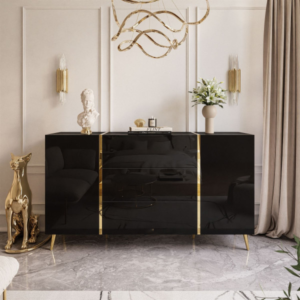 Komoda z szufladami ONYX czarny połysk złote nóżki 158 cm