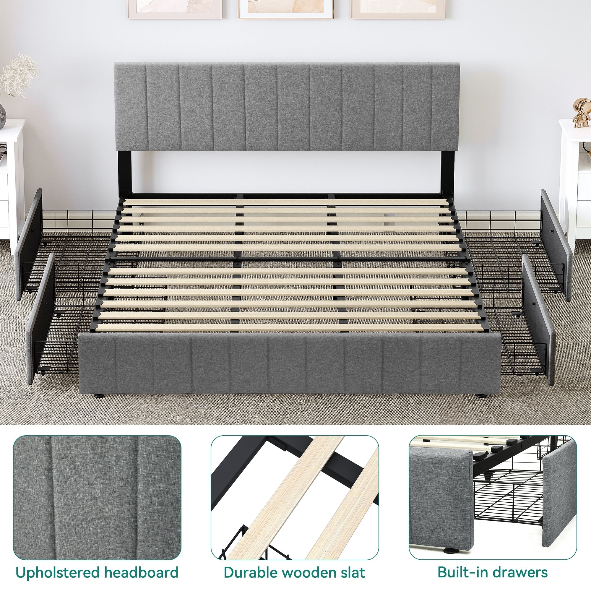 King Upholstered Platform Bed with 4 Drawers