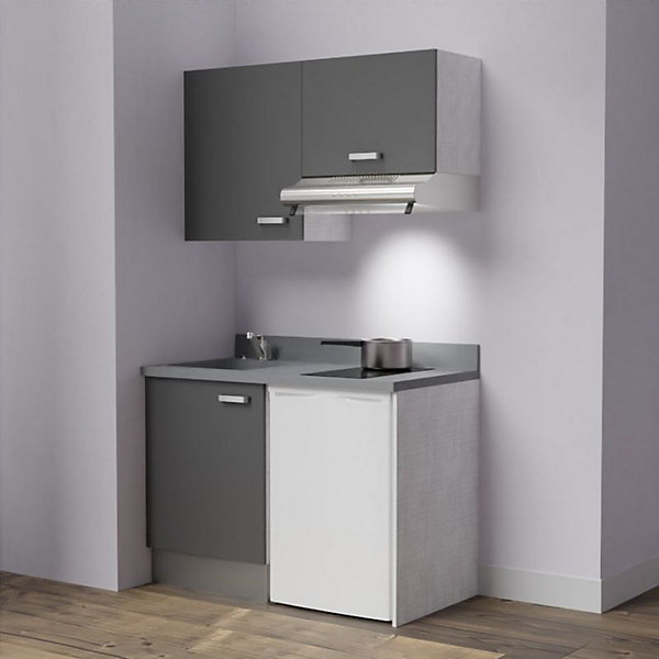 Kitchenette K01 - 120 cm - façades Gris - Plan monobloc en quartz coloris Cromo évier à gauche