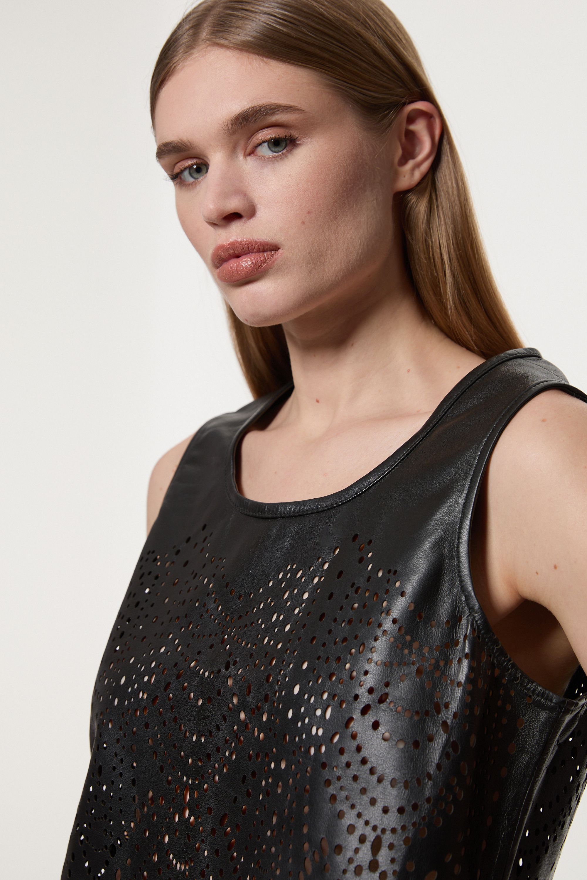 KarenMillen Amelia Graham Leather Cutwork Tailored Shell Top