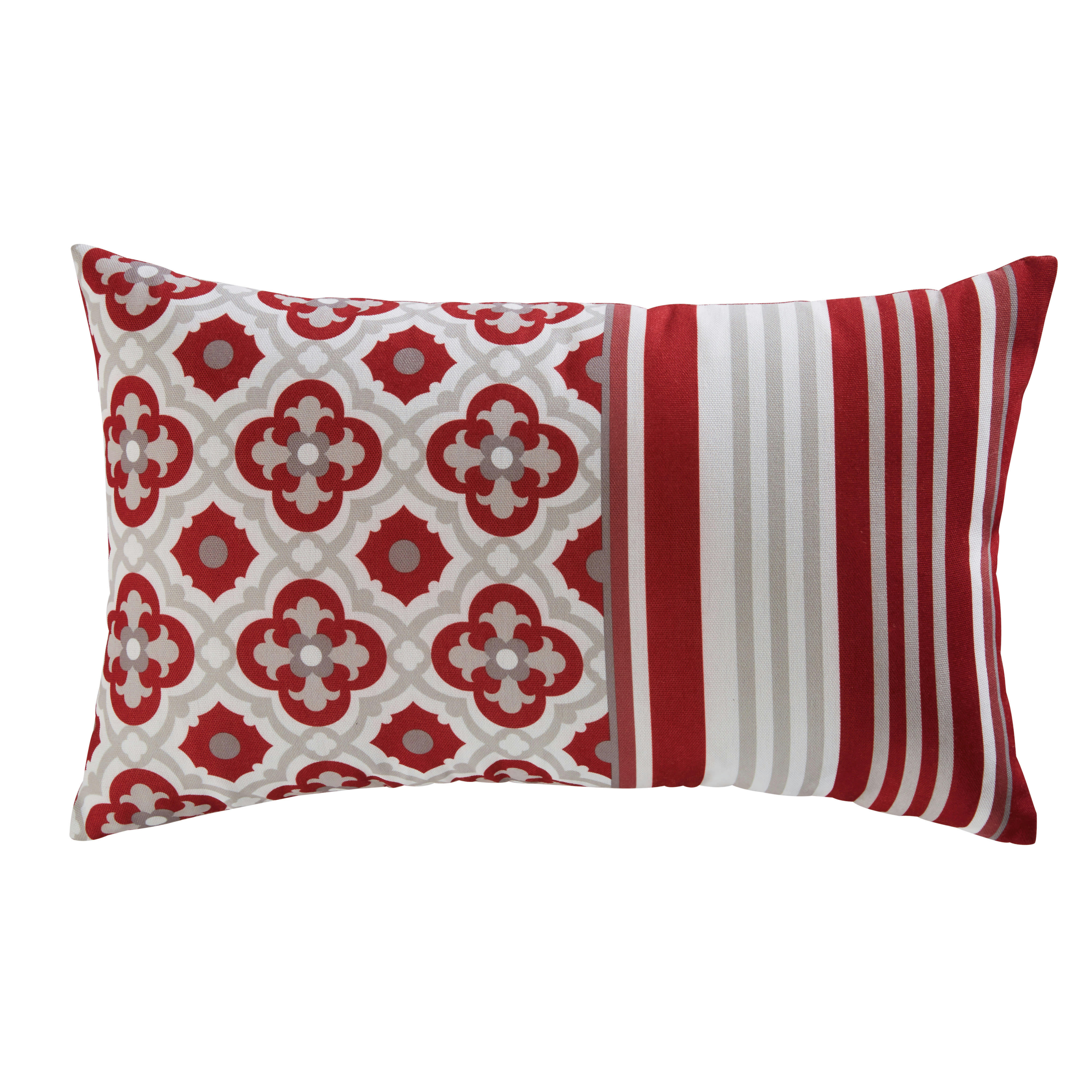 SAUBRIGUES - Coussin motifs graphiques rouges, écrus et gris 30x50