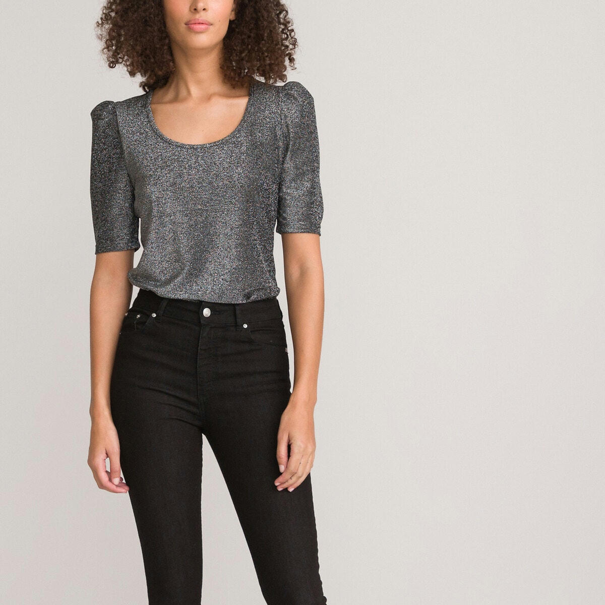 T-shirt col rond, maille brillante