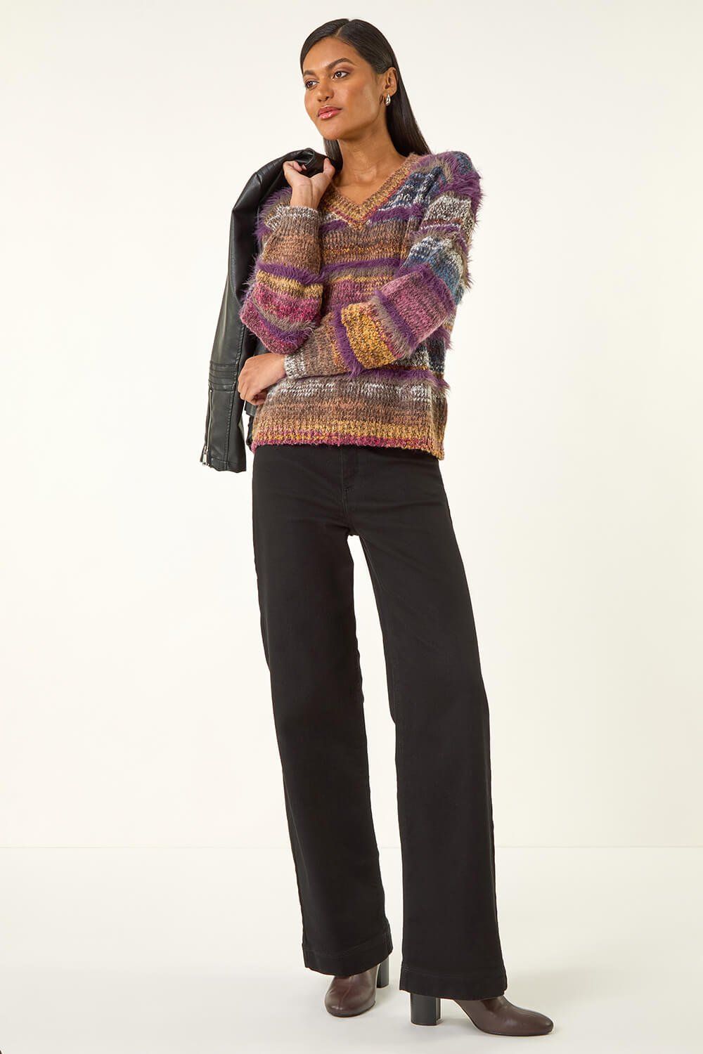 Roman Textured Stripe V-Neck Knit Jumper