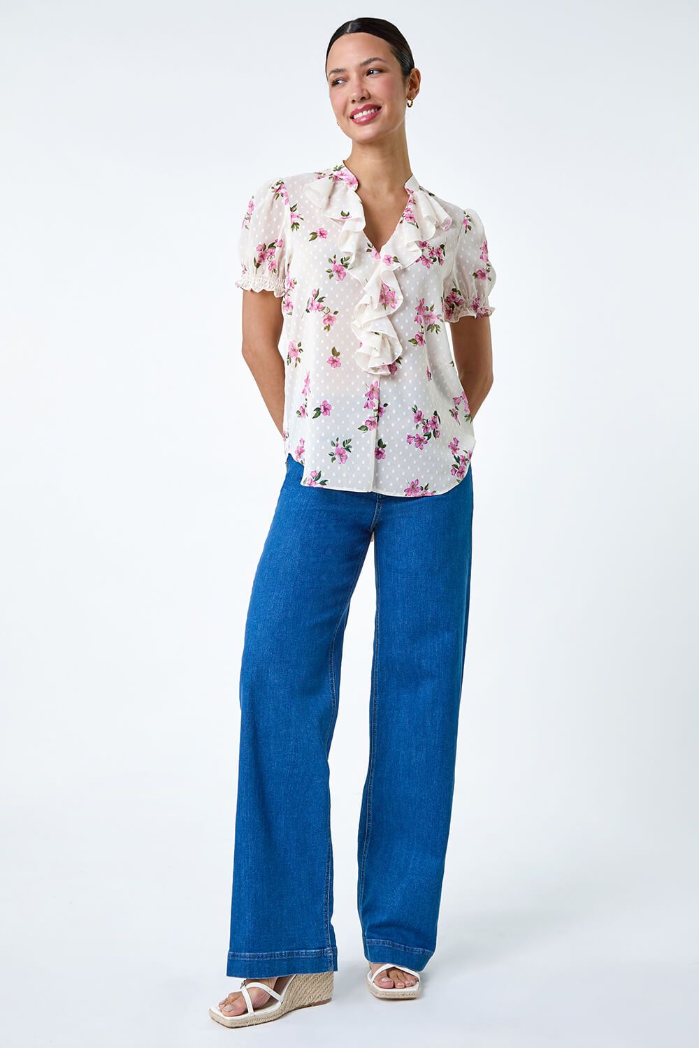 Roman Textured Spot Floral Print V-Neck Frill Top
