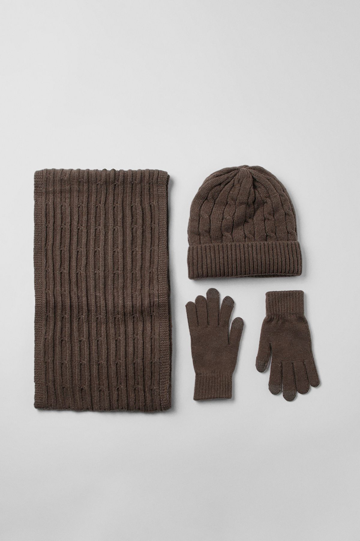 Maine Brown Cable Knitted Hat, Scarf and Gloves Set