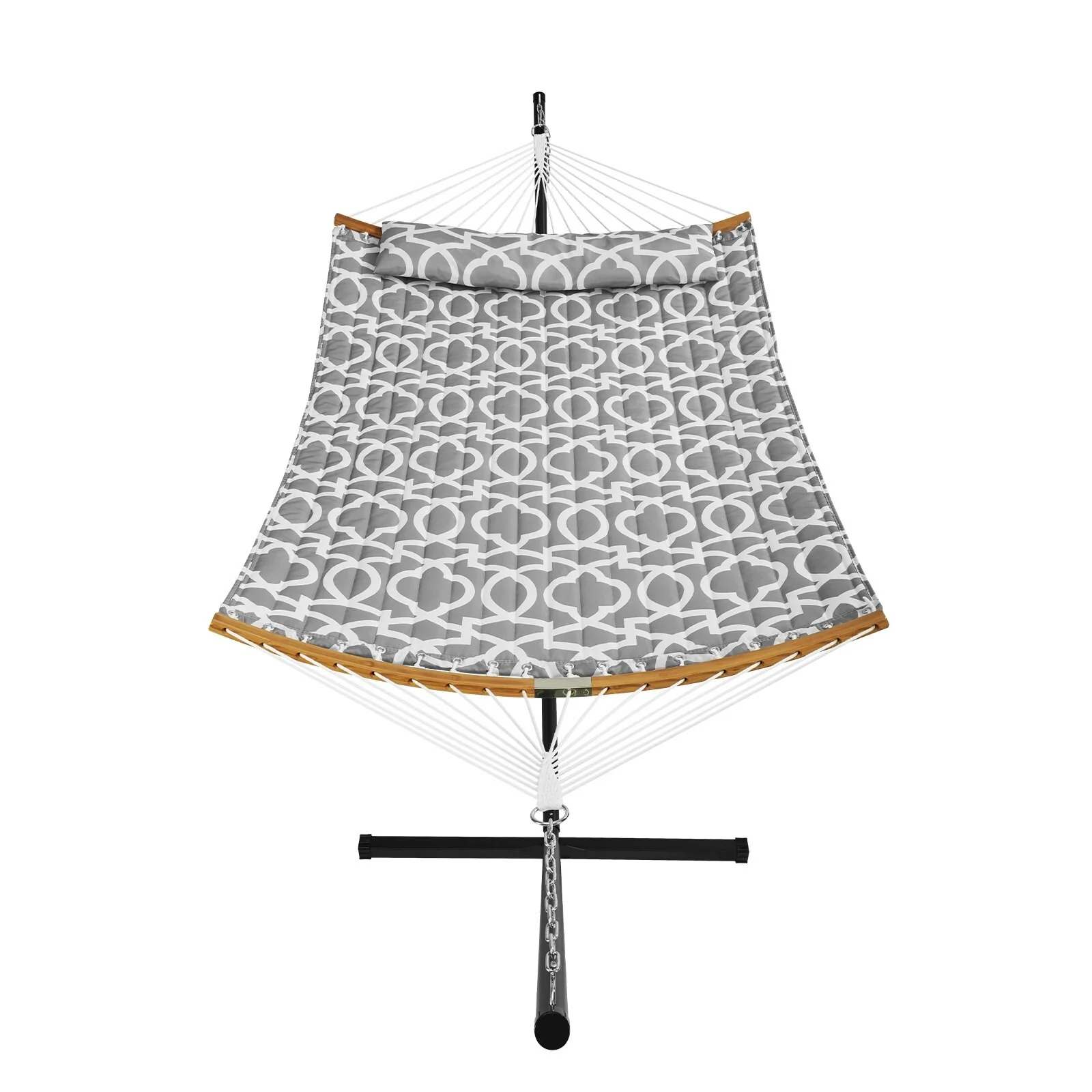 Grey White Quilted Cotton Hammock, 2-Person with T-Stand and Bars - 55.1” L x 74.8” H