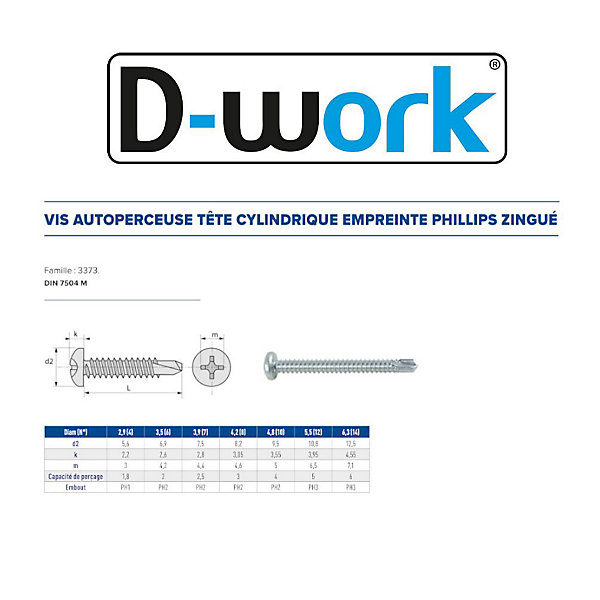 250 Vis Autoperceuses Tête Cylindrique Phillips 5.5 x 25.4 mm - DIN 7504 M - Zingué blanc - D-Work