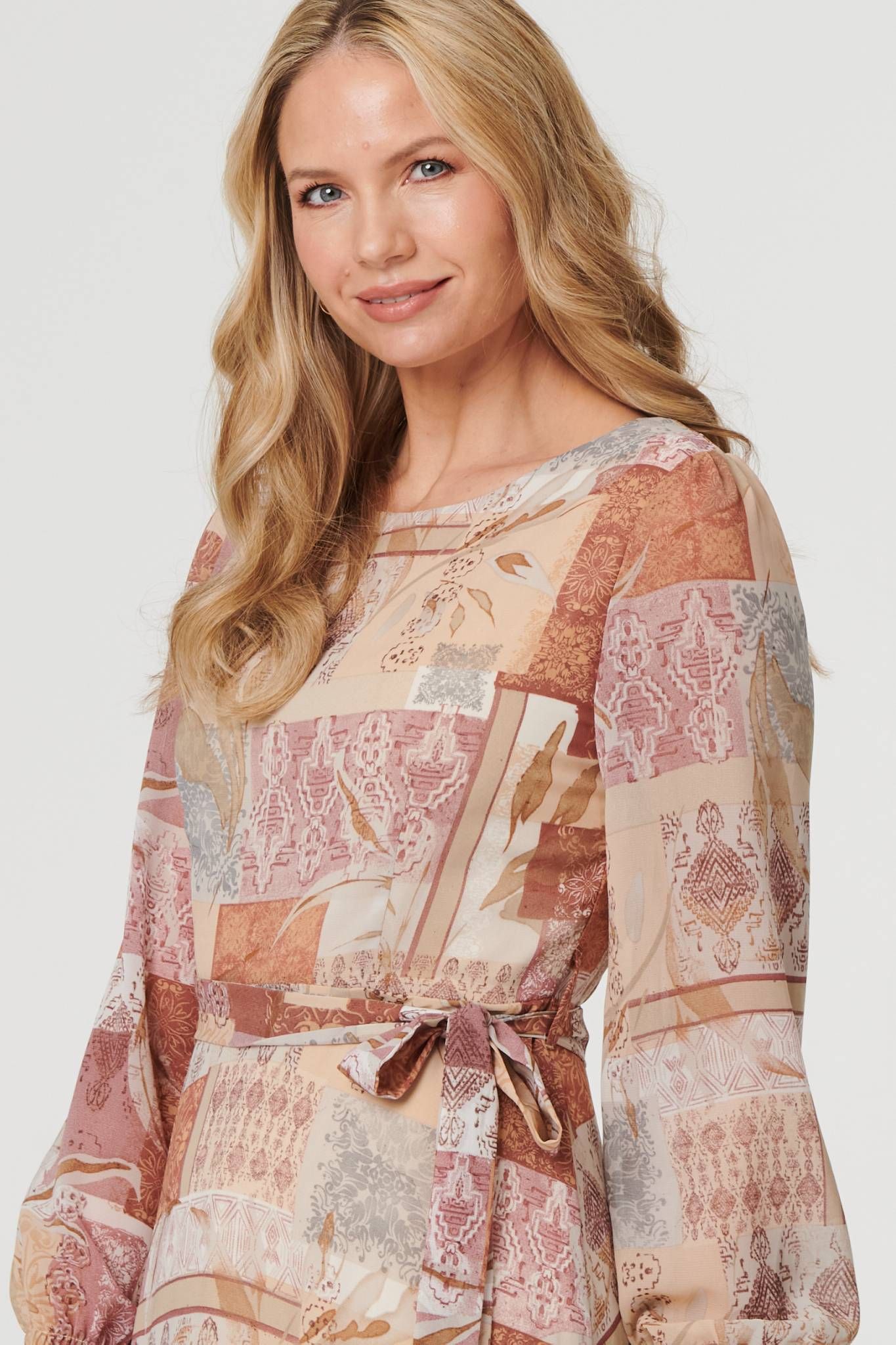 Izabel London Patchwork Tie Long Sleeve Maxi Dress