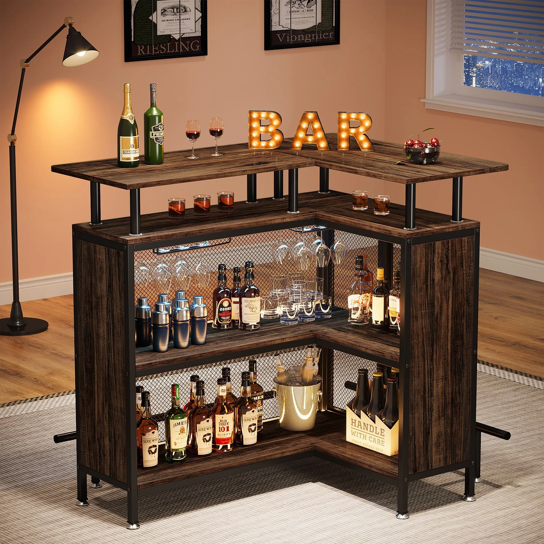 L-shape Home Bar Unit, Liquor Bar Table with 2-Tier Storage - N/A